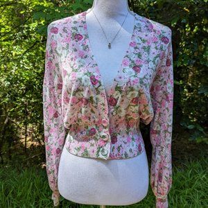 INC Ribbed Knit Cardigan Sweater in a Pastel Pink Floral Print Size Medium NWT